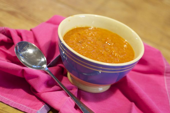 Bowl of red pepper and lentil soup